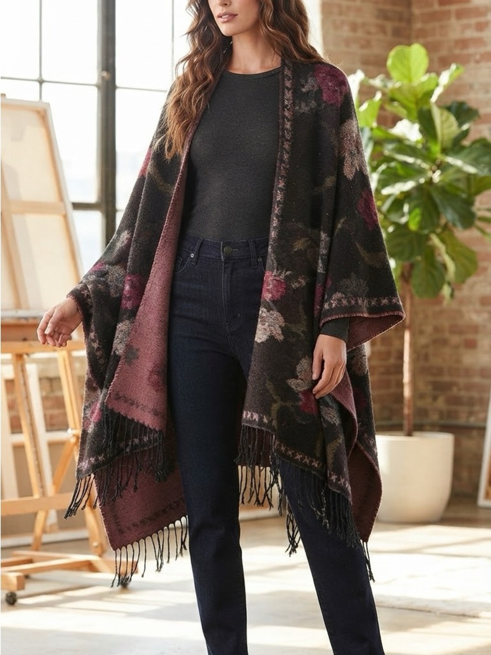 Floral Fringe Wrap Cape in Black & Mauve